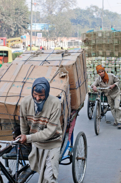 Two overloaded rickshaws are being pushed in North India.