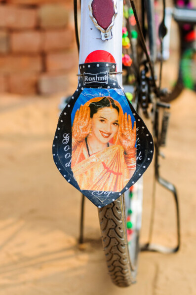 A decorated bicycle fender mud flap in India