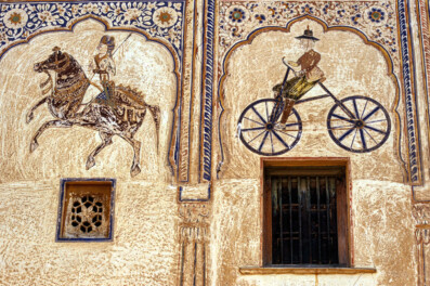 A bicycle is painted on a wall in Shekhawati, India.