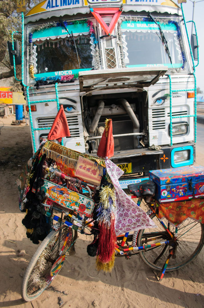 A bicycle is loaded full of truck repair tools in Indial
