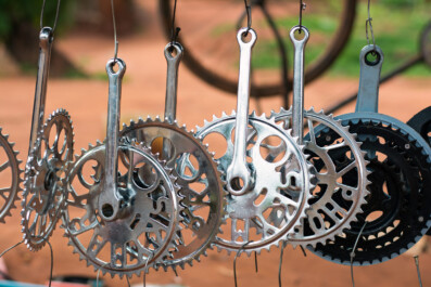 Bicycle chain rings are for sale in a bike shop