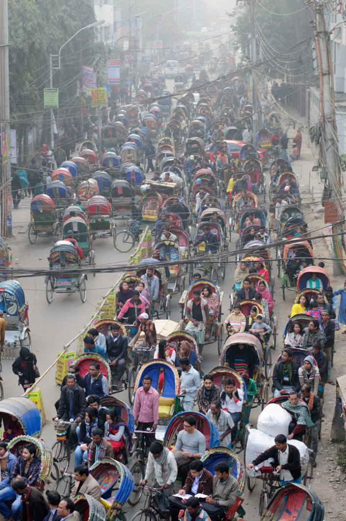 A rickshaw traffic jam in Dhaka Bangladesh
