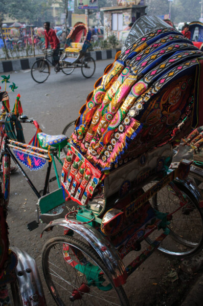 A brightly decorated rickshaw in Dhaka , Bangladesh.