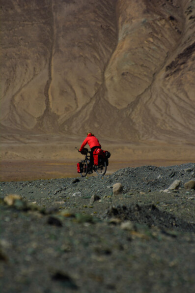 A touring bicyclist in Tajikistan.