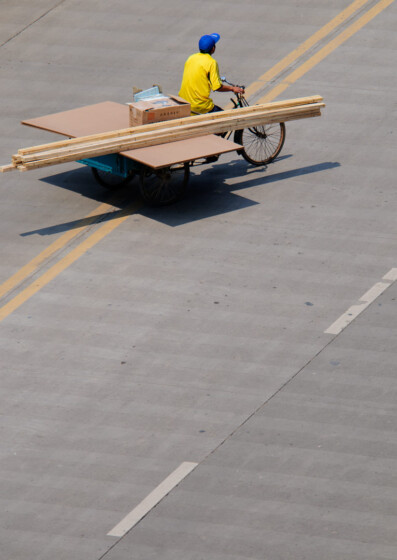 A cargo bike transports plywood