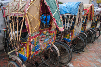 Rickshaws are parked in Kathmandu, Nepal
