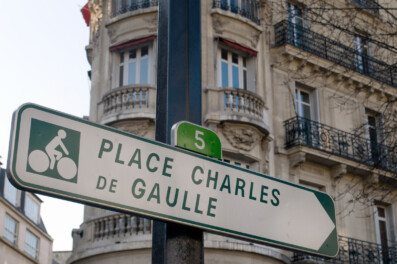 A bike lane sign in Paris, France