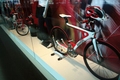 A Ferrari bicycle stands in a Singpore shop window