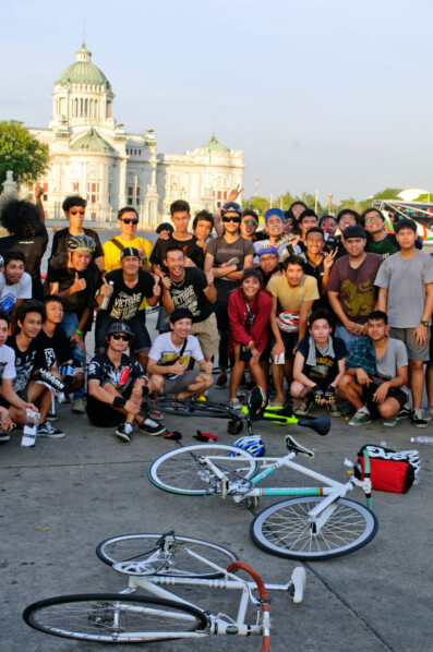 A group of riders with their single speed bicycles hang out in Bangkok Thailand