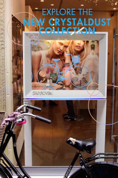 A bicycle symbol in a shop window for Swarovski jewellery