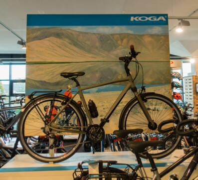 A canvas in store display for Koga bikes