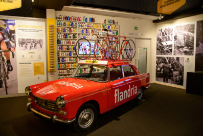 The Flandria team car is on display in the Centrum Ronde van Vlaanderen Oudenaarde, Belgium.